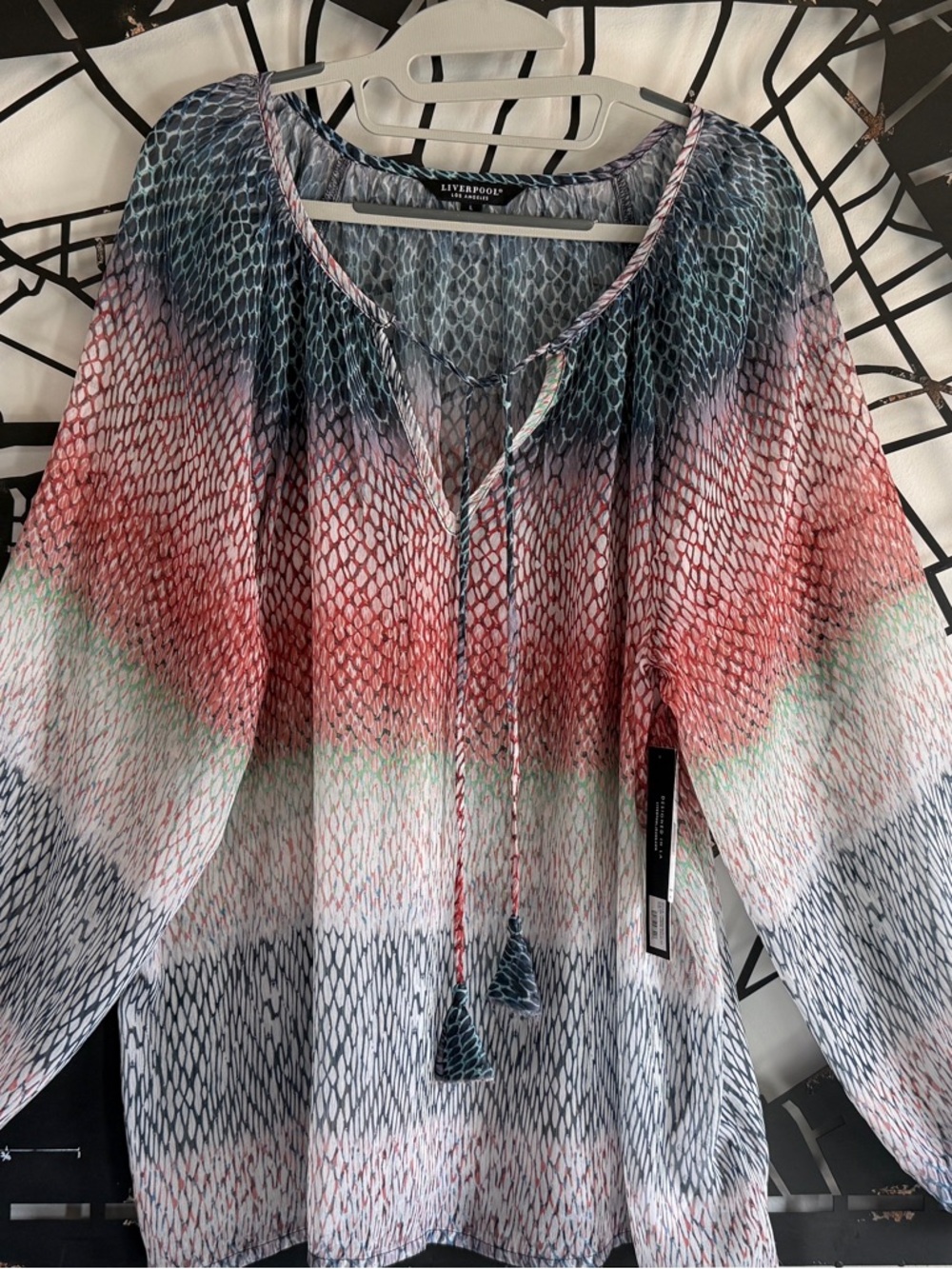 Liverpool Ombre Snake Print Peasant Blouse in Navy, Coral, White.  Size L